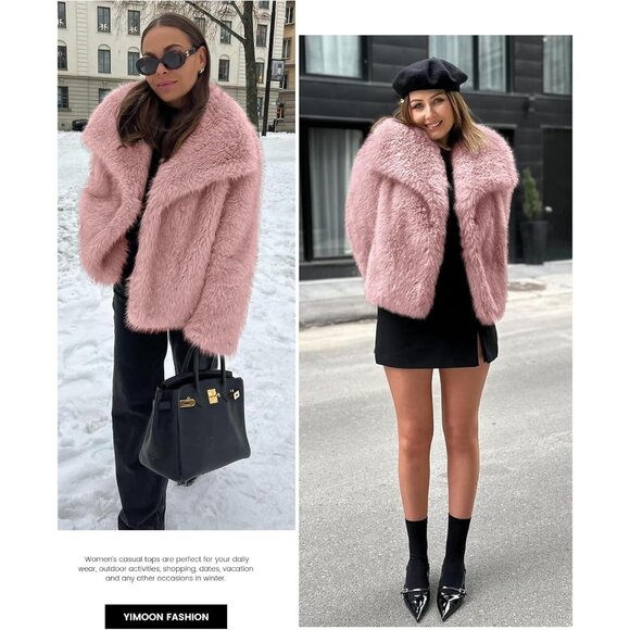Elegant Women's Pink Cropped Faux Fur Jacket - Fluffy Warmth for Winter Outings - Picture 5 of 7